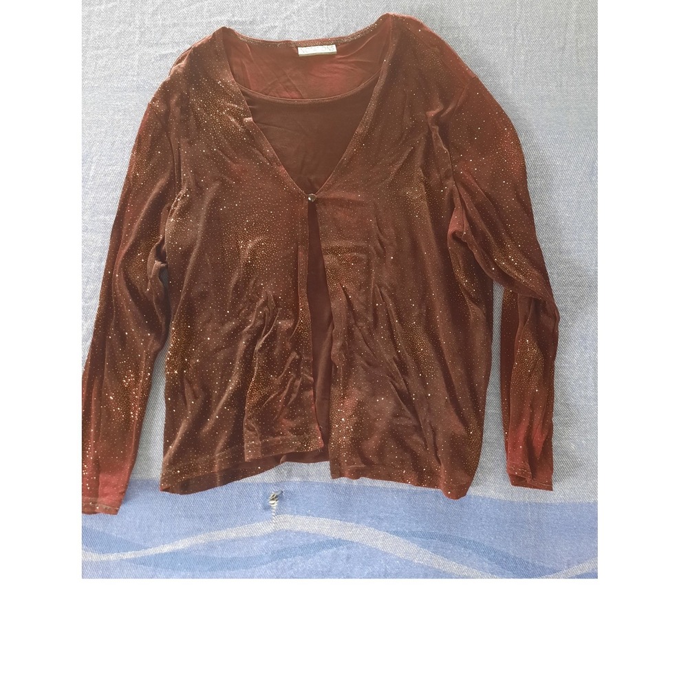 Notations Womens Burgundy Glitter 2 Piece Cardigan and Tank Set Wine Red L